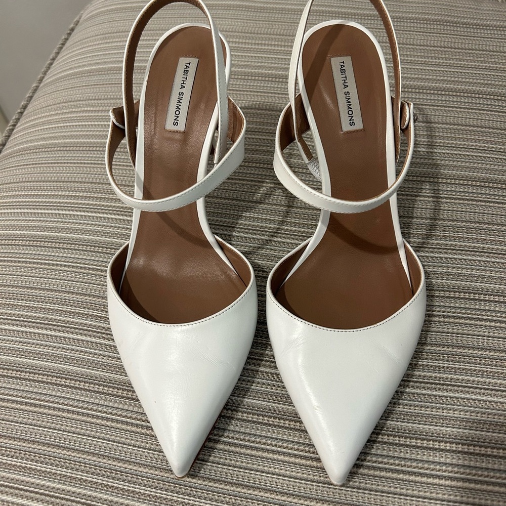 Tabitha Simmons White Pointed-Toe Slingback Heels